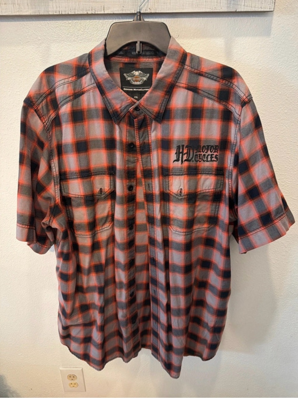 Harley-Davidson Orange and Black Plaid Short-Sleeve Button-Down Shirt